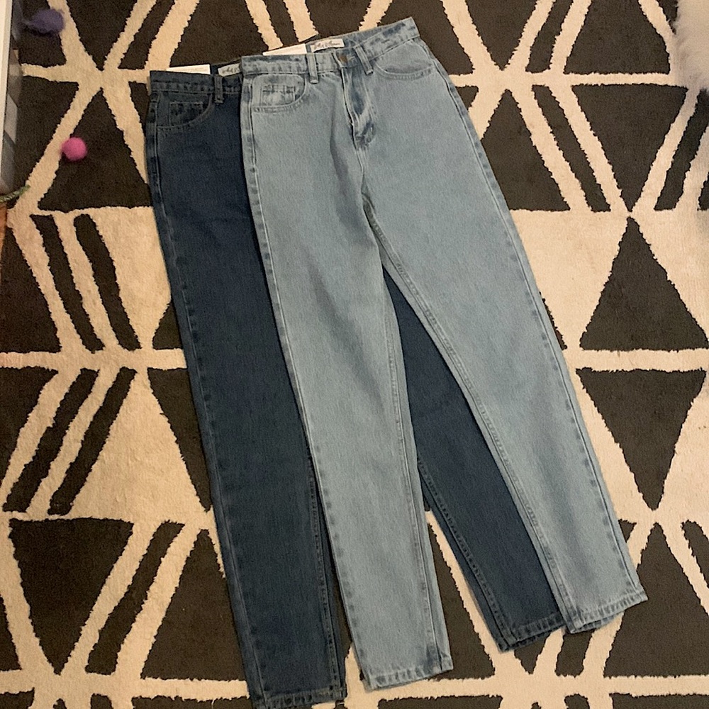 Perfect High-Rise Tapered Jeans • 100%Cotton/No Stretch • 2pr Light + Med Wash